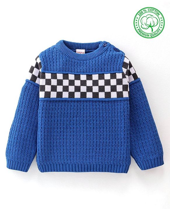 Babyhug Knitted Full Sleeves Checks Sweater - Blue