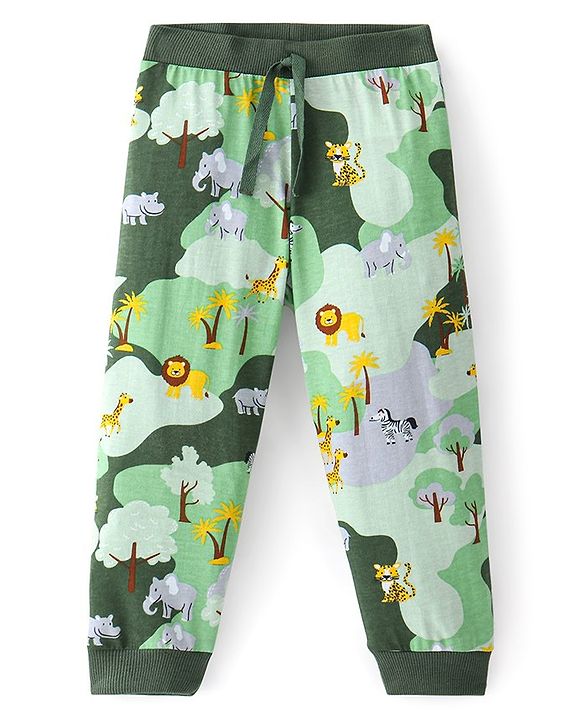 Babyhug Cotton Knit Full Length Lounge Pant Lion & Elephant Print- Green