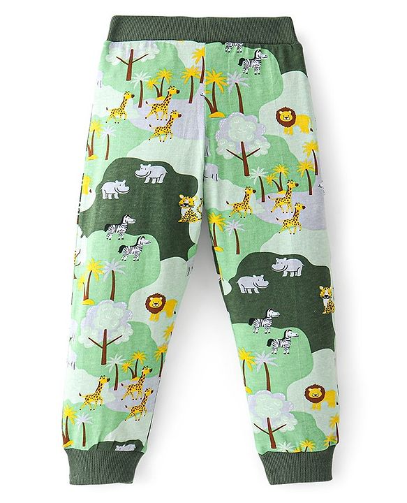 Babyhug Cotton Knit Full Length Lounge Pant Lion & Elephant Print- Green