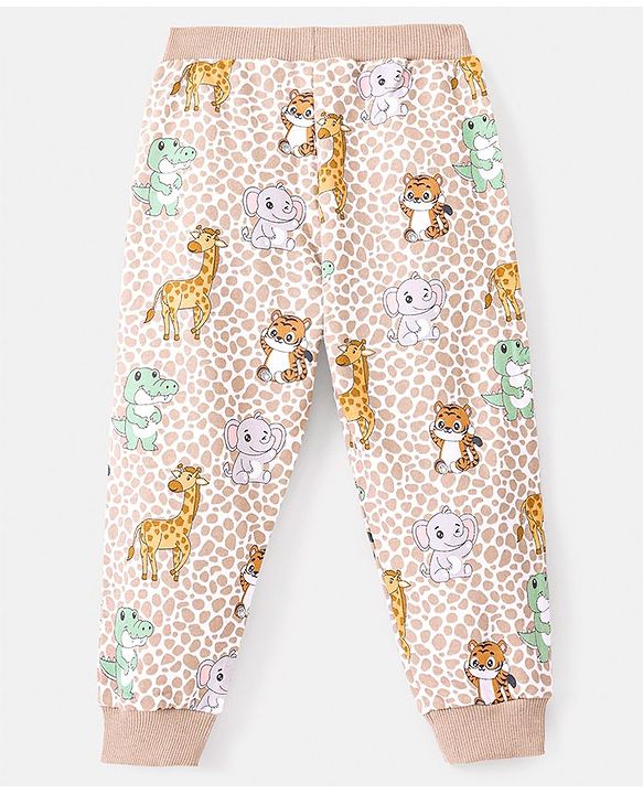 Babyhug Cotton Knit Full Length Lounge Pant With Wild Animals Print - Beige