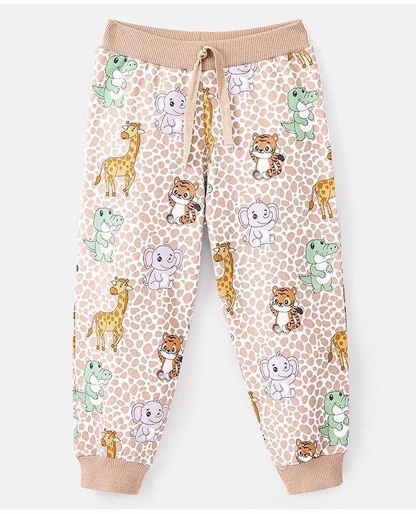 Babyhug Cotton Knit Full Length Lounge Pant With Wild Animals Print - Beige