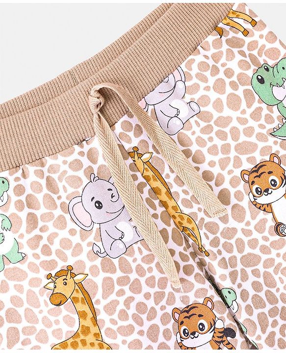 Babyhug Cotton Knit Full Length Lounge Pant With Wild Animals Print - Beige