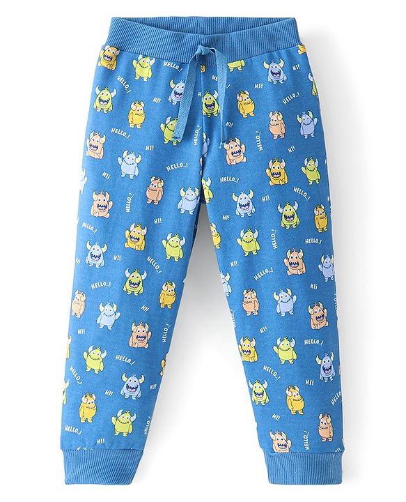 Babyhug Cotton Knit Full Length Lounge Pant Monsters Print- Blue