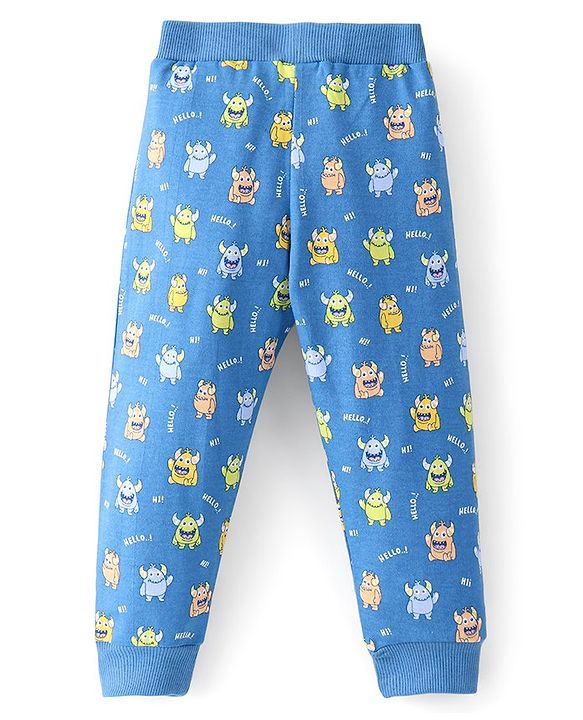 Babyhug Cotton Knit Full Length Lounge Pant Monsters Print- Blue