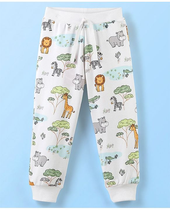 Babyhug Cotton Knit Full Length Lounge Pant Jungle Print - White