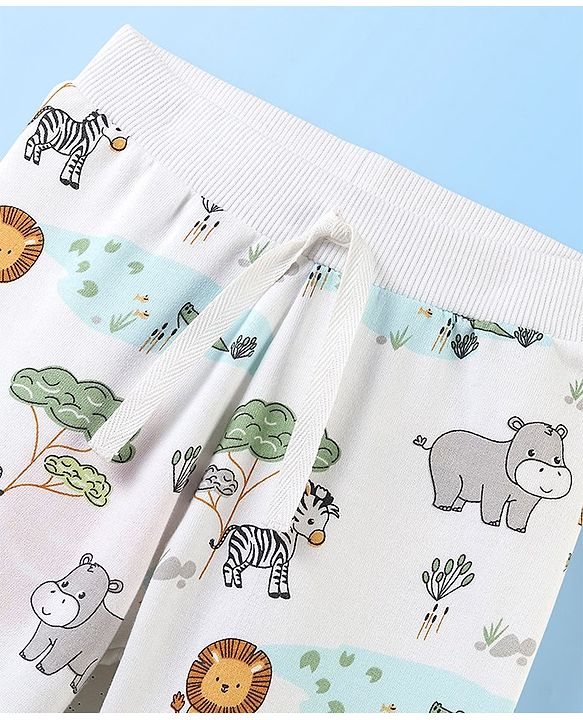 Babyhug Cotton Knit Full Length Lounge Pant Jungle Print - White