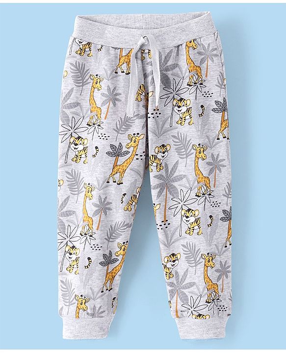 Babyhug Cotton Knit Full Length Lounge Pants Animal Print - Grey