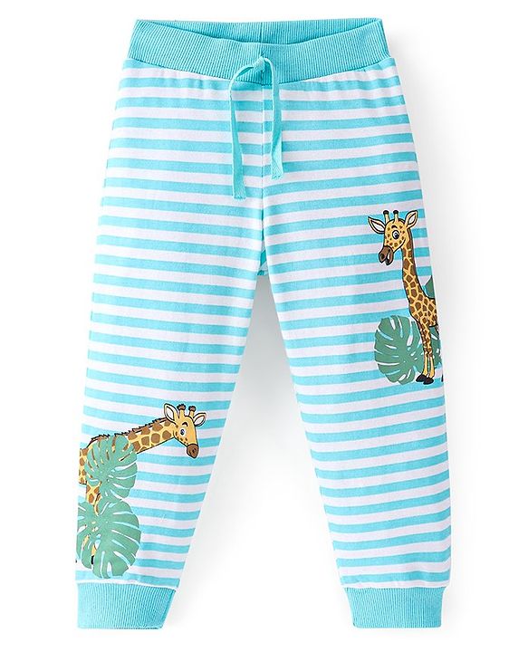 Babyhug Cotton Knit Full Length Lounge Pant Stripes & Giraffe Print- Blue