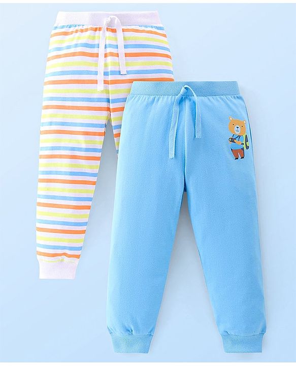 Babyhug Cotton Knit Lounge Pants Stripes Pack of 2 - Light Blue
