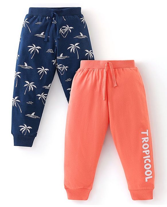 Babyhug Cotton Knit Full Length Lounge Pants Tropical Print Pack of 2 - Peach & Navy