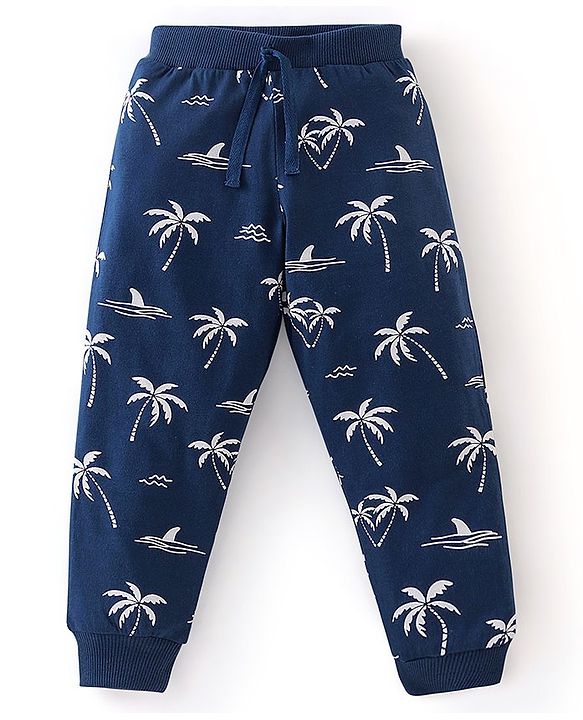 Babyhug Cotton Knit Full Length Lounge Pants Tropical Print Pack of 2 - Peach & Navy