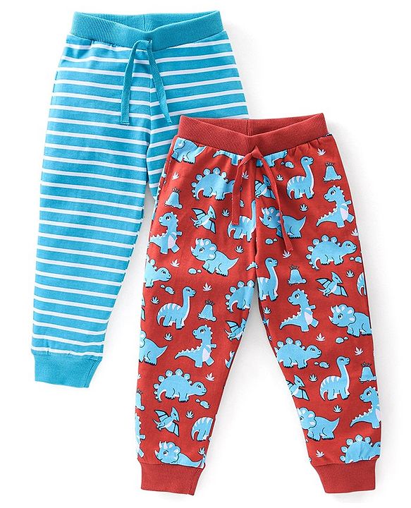Babyhug Cotton Knit Lounge Pants Dino Print Pack of 2 - Red & Blue