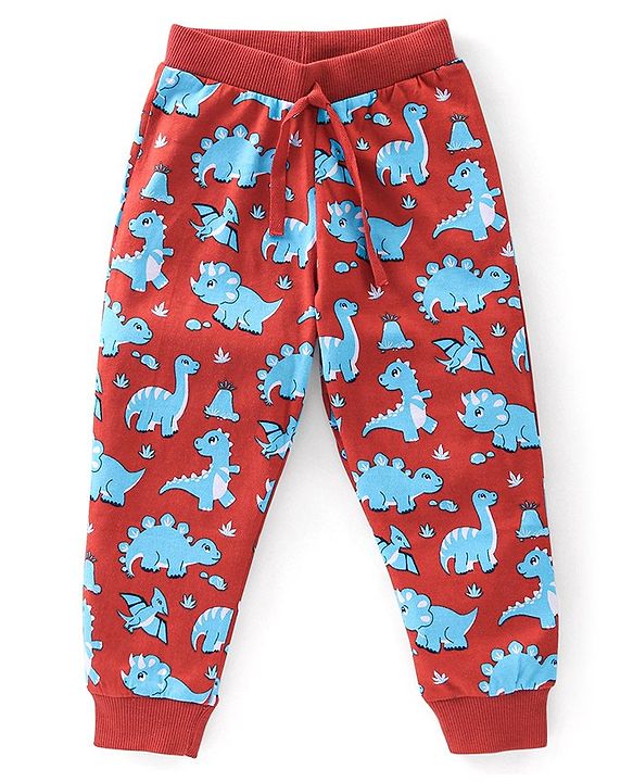 Babyhug Cotton Knit Lounge Pants Dino Print Pack of 2 - Red & Blue