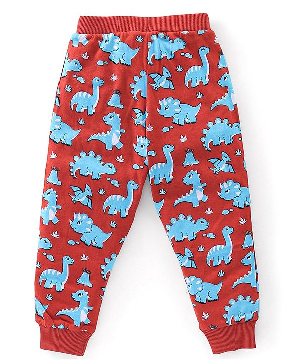 Babyhug Cotton Knit Lounge Pants Dino Print Pack of 2 - Red & Blue
