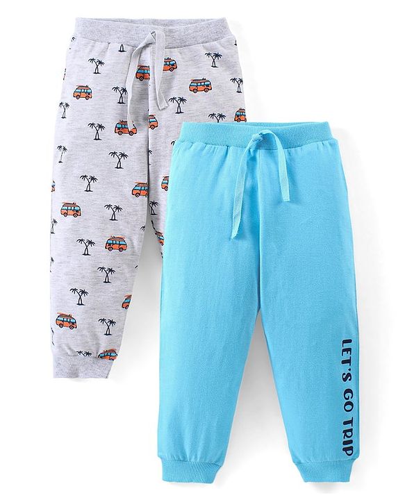 Babyhug Cotton Knit Full Length Lounge Pants Car & Text Print Pack of 2- Blue & Grey