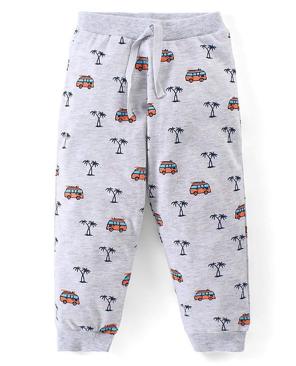 Babyhug Cotton Knit Full Length Lounge Pants Car & Text Print Pack of 2- Blue & Grey