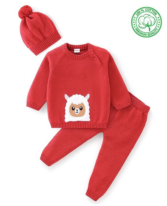 Babyhug Full Sleeves Sweater Set & Cap with Sheep Design - Red