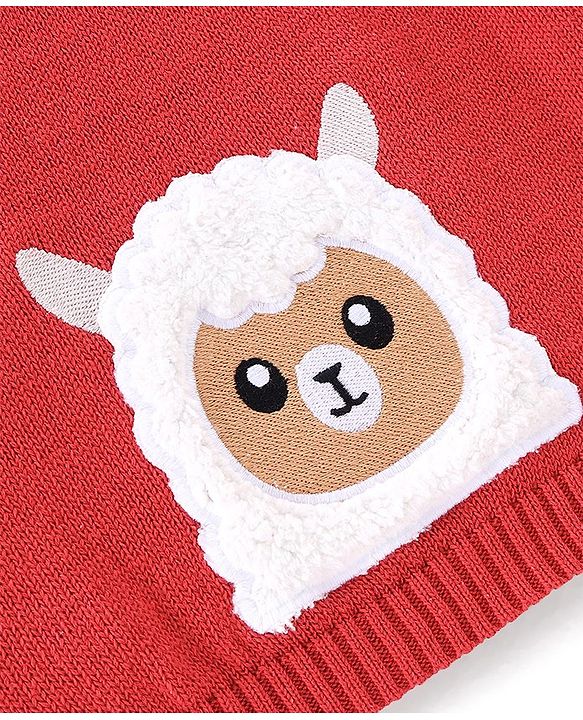 Babyhug Full Sleeves Sweater Set & Cap with Sheep Design - Red