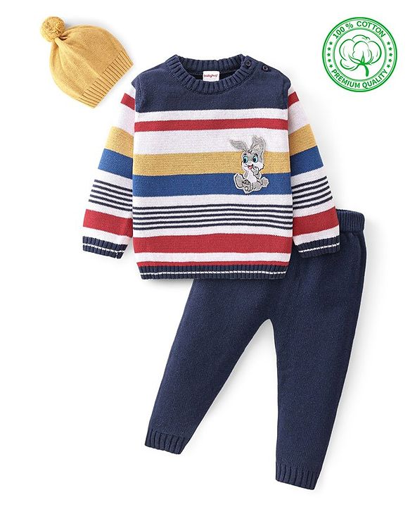 Babyhug Knitted Full Sleeves Striped & Bunny Patch Sweater Set with Cap - Multicolour