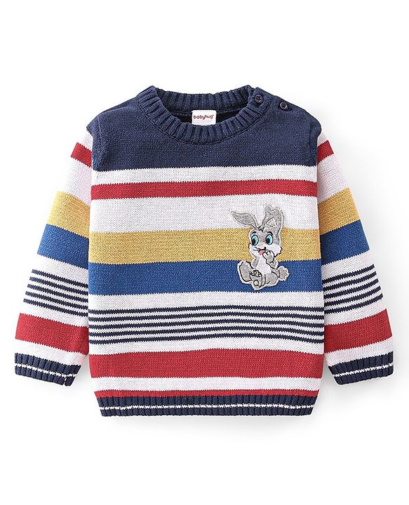 Babyhug Knitted Full Sleeves Striped & Bunny Patch Sweater Set with Cap - Multicolour