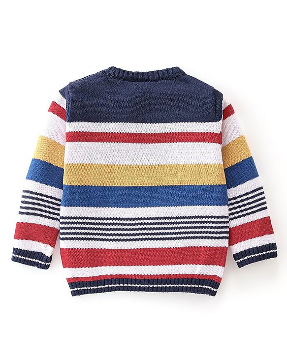 Babyhug Knitted Full Sleeves Striped & Bunny Patch Sweater Set with Cap - Multicolour