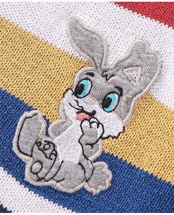 Babyhug Knitted Full Sleeves Striped & Bunny Patch Sweater Set with Cap - Multicolour