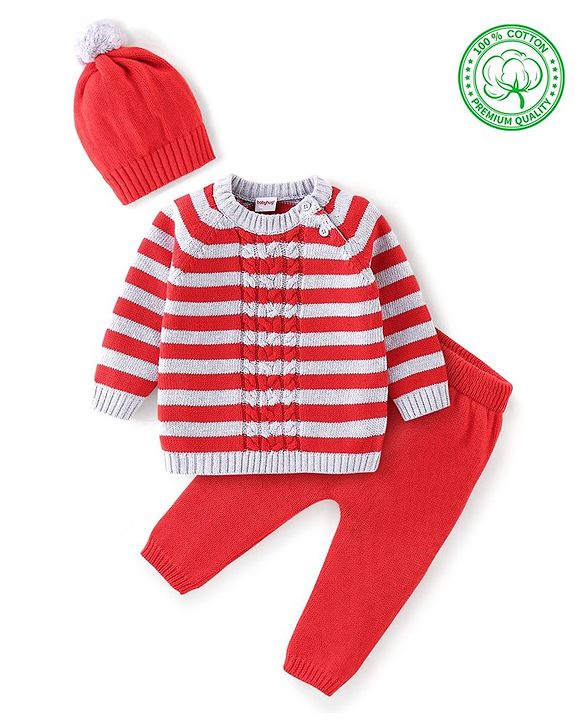 Babyhug Full Sleeves Sweater Set with Cap Striped Design - Rust Red & Grey