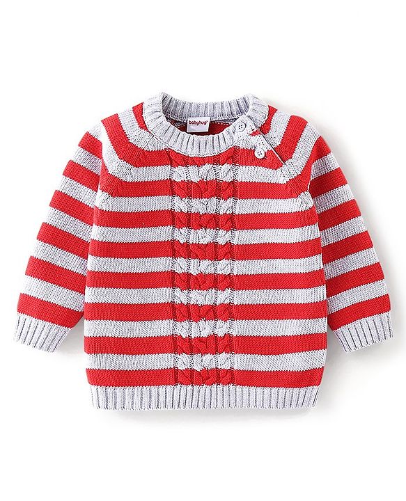 Babyhug Full Sleeves Sweater Set with Cap Striped Design - Rust Red & Grey