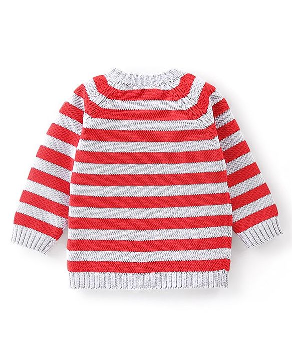 Babyhug Full Sleeves Sweater Set with Cap Striped Design - Rust Red & Grey