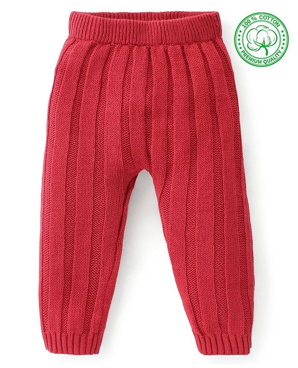 Babyhug Organic Cotton Full Length Fleece & Woollen Pant Solid Color - Red
