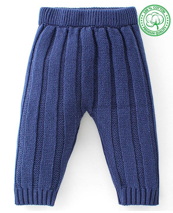Babyhug Organic Cotton Knit Full Length Solid Colour Fleece & Woollen Pant - Navy Blue