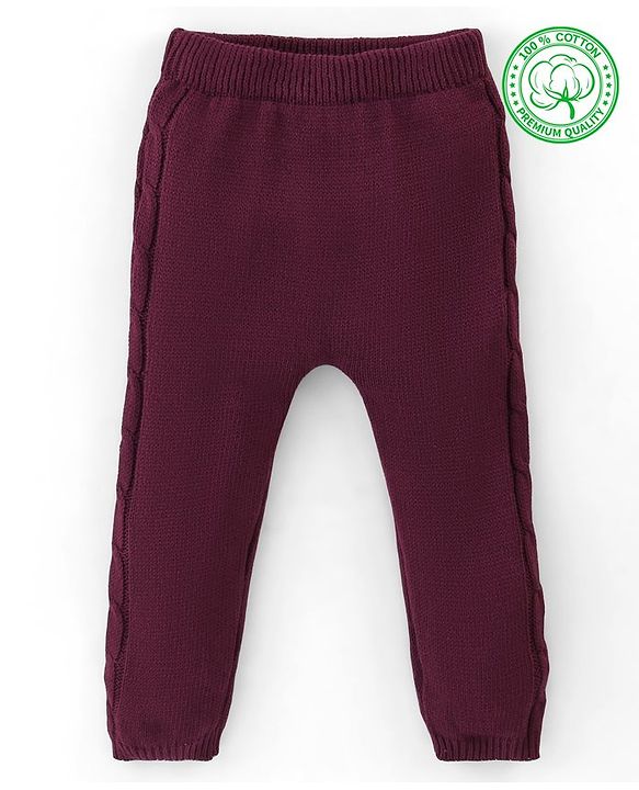 Babyhug Organic Cotton Full Length Solid Color Fleece and Woollen Lounge Pants - Maroon
