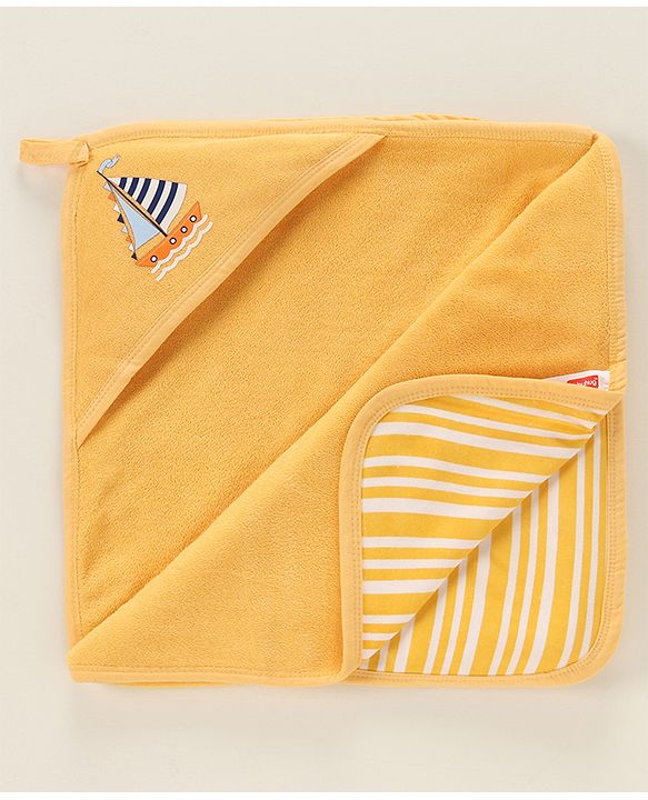 Babyhug Double Layer Interlock Hooded Towel Boat Print L 75 x B 76 cm- Yellow