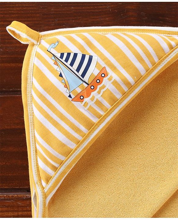 Babyhug Double Layer Interlock Hooded Towel Boat Print L 75 x B 76 cm- Yellow