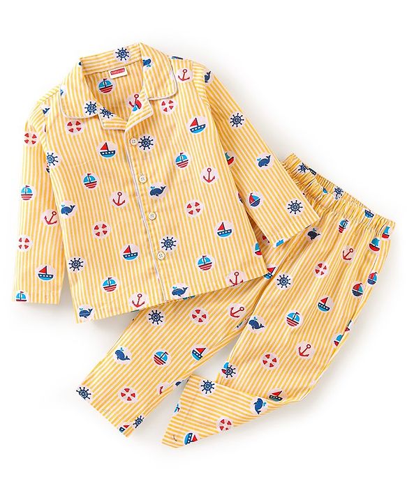 Babyhug Cotton Woven Full Sleeves Night Suit with Boat Print - Yellow