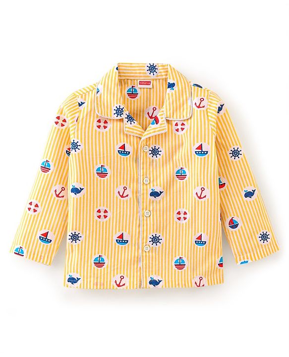 Babyhug Cotton Woven Full Sleeves Night Suit with Boat Print - Yellow