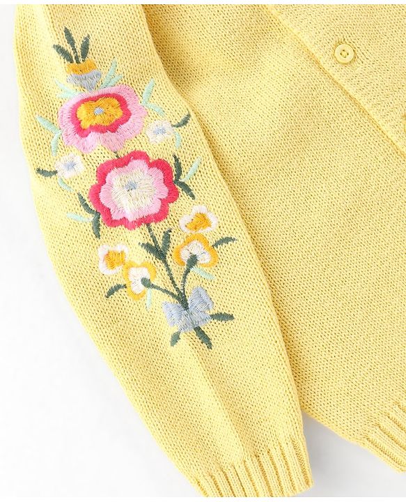 Babyhug Organic Cotton Front Open Sweater Floral Design - Yellow