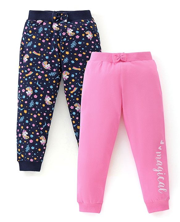 Babyhug Cotton Knit Lounge Pants Unicorn Print Pack of 2 - Blue & Pink