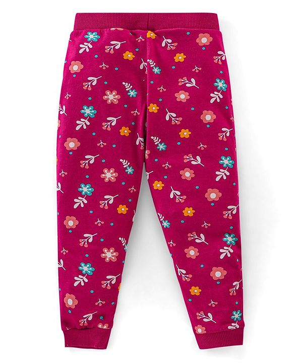 Babyhug Cotton Knit Full Lenght  Lounge Pant Floral Print Pack Of 2 - Pink & Maroon