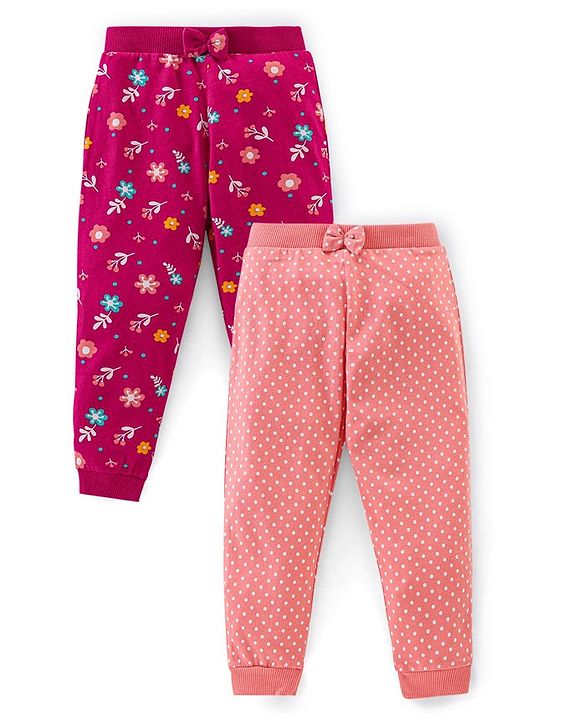 Babyhug Cotton Knit Full Lenght  Lounge Pant Floral Print Pack Of 2 - Pink & Maroon