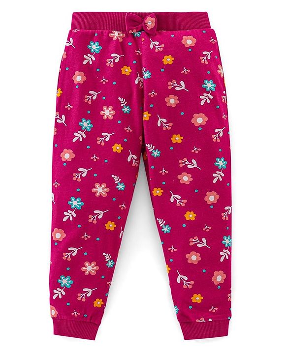 Babyhug Cotton Knit Full Lenght  Lounge Pant Floral Print Pack Of 2 - Pink & Maroon