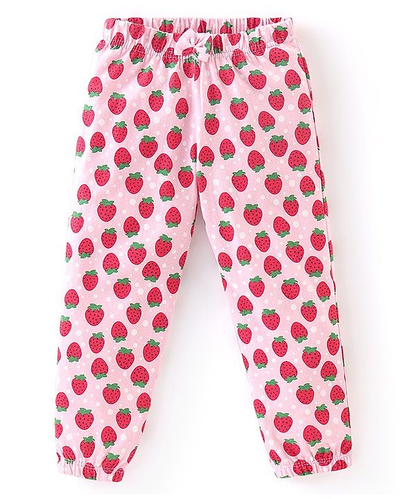 Babyhug Cotton Knit Full Length Lounge Pants with Bow Applique Polka Dots & Strawberry Pack of 2 - Deep & Light Pink