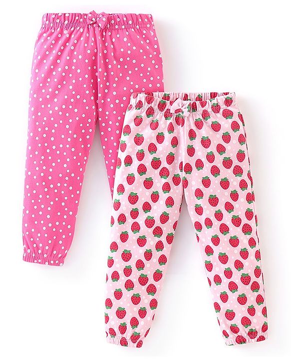 Babyhug Cotton Knit Full Length Lounge Pants with Bow Applique Polka Dots & Strawberry Pack of 2 - Deep & Light Pink