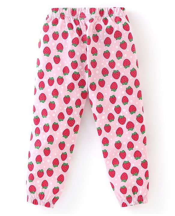 Babyhug Cotton Knit Full Length Lounge Pants with Bow Applique Polka Dots & Strawberry Pack of 2 - Deep & Light Pink