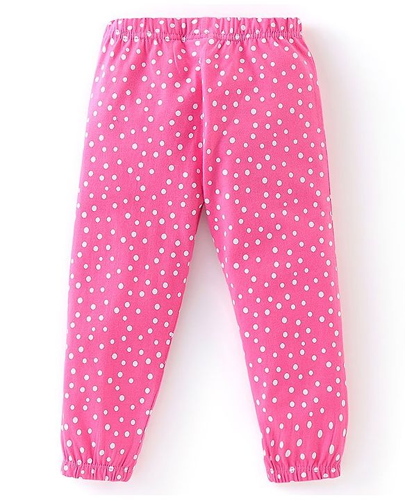 Babyhug Cotton Knit Full Length Lounge Pants with Bow Applique Polka Dots & Strawberry Pack of 2 - Deep & Light Pink