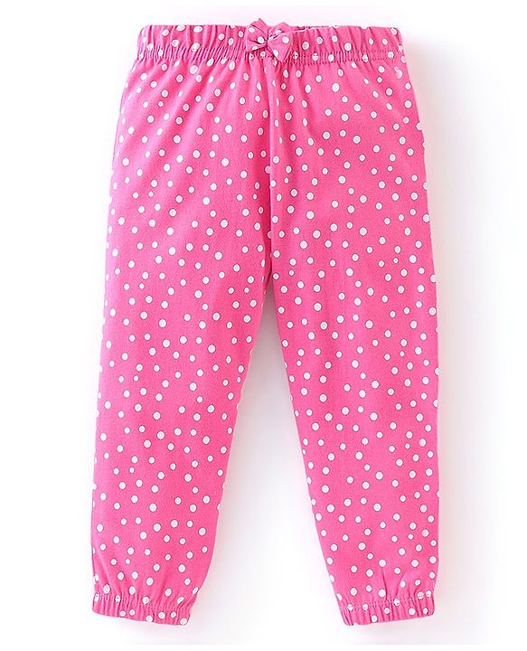 Babyhug Cotton Knit Full Length Lounge Pants with Bow Applique Polka Dots & Strawberry Pack of 2 - Deep & Light Pink
