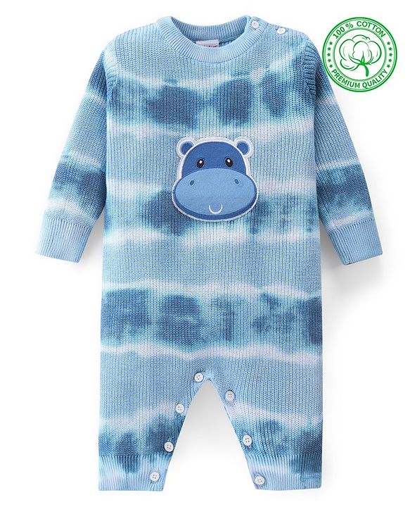 Babyhug Cotton Full Sleeves Romper With Hippo Embroidery - Blue