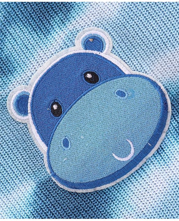 Babyhug Cotton Full Sleeves Romper With Hippo Embroidery - Blue