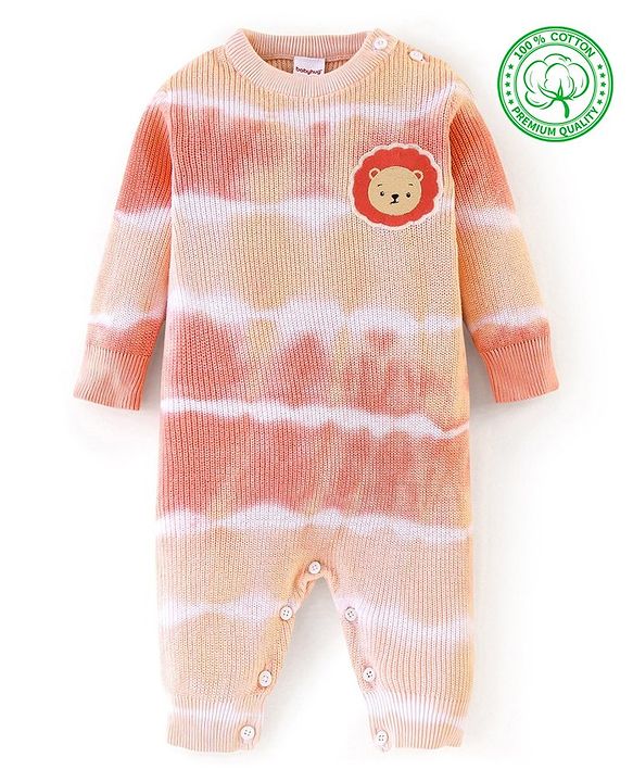 Babyhug Cotton Full Sleeves Romper With Lion Embroidery - Peach