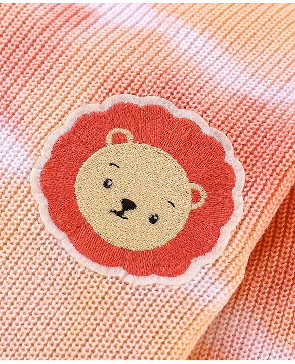 Babyhug Cotton Full Sleeves Romper With Lion Embroidery - Peach